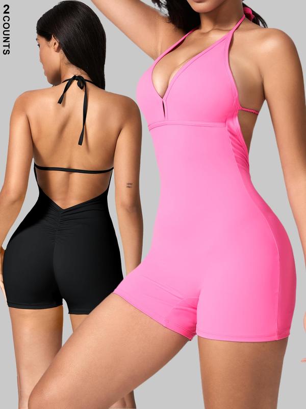 Women's Solid Cut Out Ruched Halter Sports Romper, Sporty Tie Back Sleeveless Romper for Yoga Gym Workout, Ladies Sportswear for All Seasons