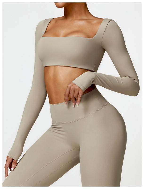 Women's 2 Piece Workout Set - Long Sleeve Square Neck Crop Top and High Waist Leggings for Yoga and Gym