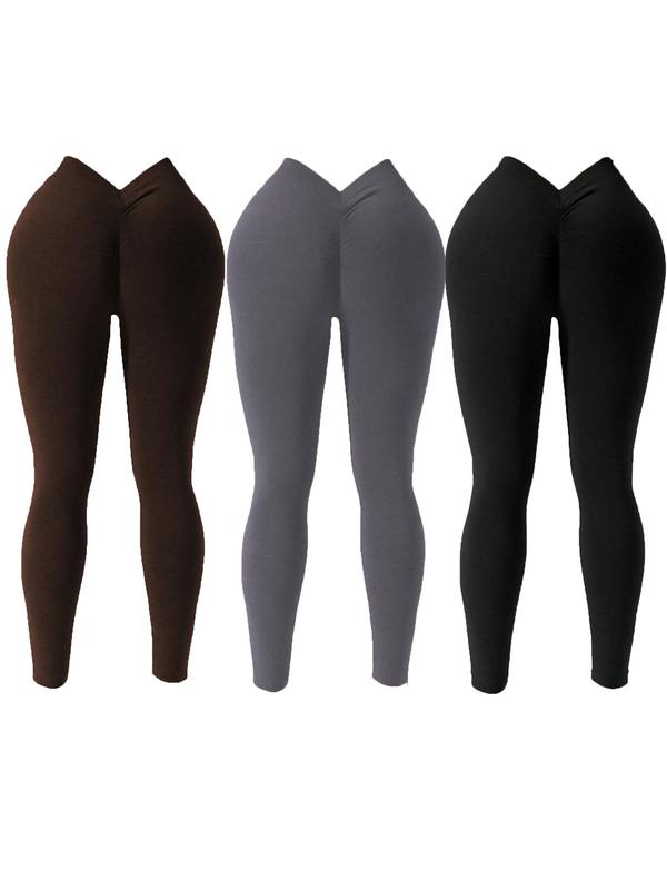 Women's Solid V Waist Sports Leggings, Sporty Comfy Breathable Skinny Pants for Yoga Gym Workout Running, Ladies Sportswear for All Seasons