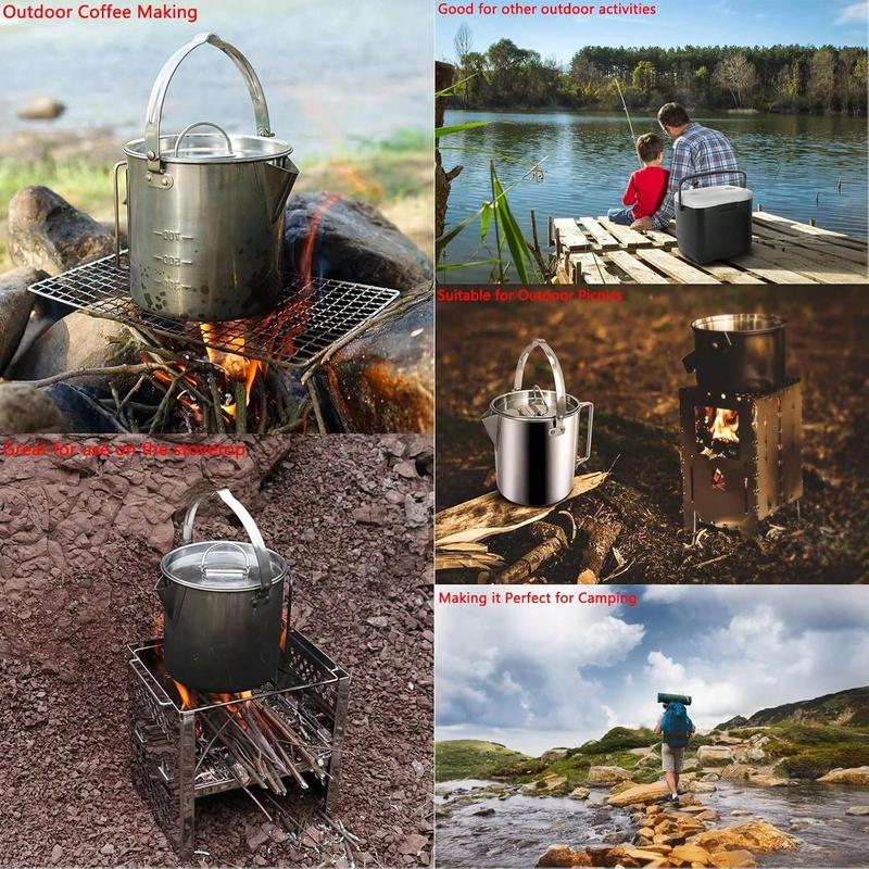 [HE appliances]  Camping Tea Kettle, Portable 1.2L Coffee Pot, Outdoors Camping Pot, With Handles And With Lids For Camping Hiking Picnic Camping, Backpacking, Silver