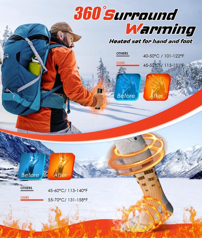 Heated Set Rechargeable, 2 Packs 6000mAh Electric Foot Warmers - Heated Socks and Hand Warmers for Men - Gifts for Camping, Hunting, Fishing and Outdoor Activities - Christmas Stocking Stuffers