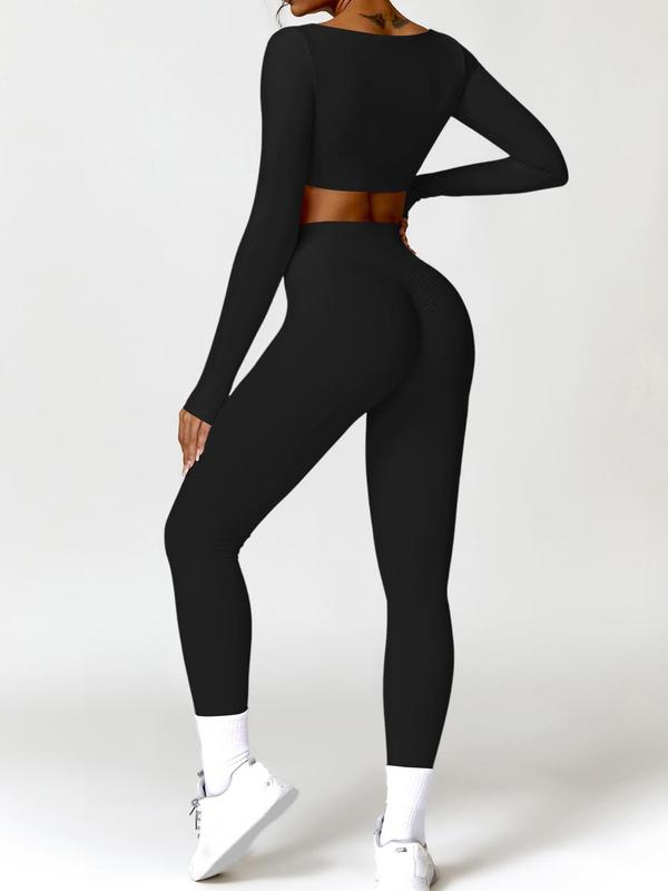 Two-Piece Set Women's Solid Square Neck Crop Top & Ruched High Waist Leggings Tracksuit Set, Fall Outfits, Fall Clothing, Fallfreshness Sporty Breathable Comfy Outfits for Yoga Gym Workout Running, Ladies Sportswear for Fall, 90s Clothes Fall Outfits