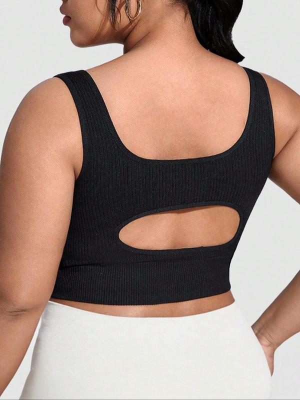 Plus Size Cut Out Square Neck Sports Bra, Breathable Comfy Solid Yoga Bras, Women's Plus Workout Crop Tank Top for Summer, Fall Clothes