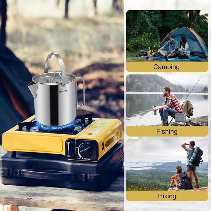 [HE appliances]  Camping Tea Kettle, Portable 1.2L Coffee Pot, Outdoors Camping Pot, With Handles And With Lids For Camping Hiking Picnic Camping, Backpacking, Silver