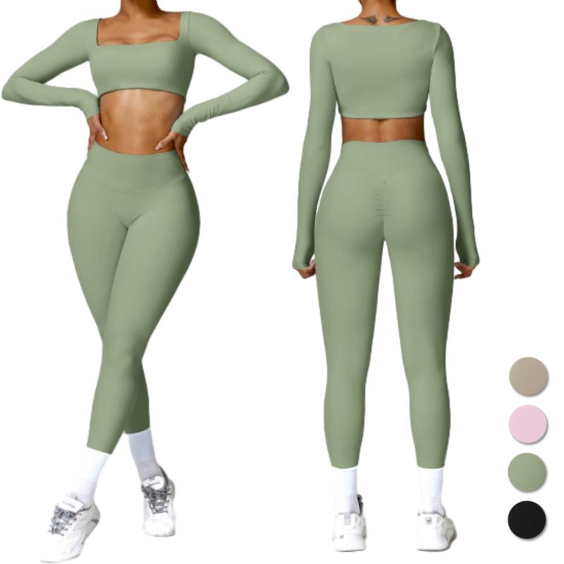 Women's 2 Piece Workout Set - Long Sleeve Square Neck Crop Top and High Waist Leggings for Yoga and Gym