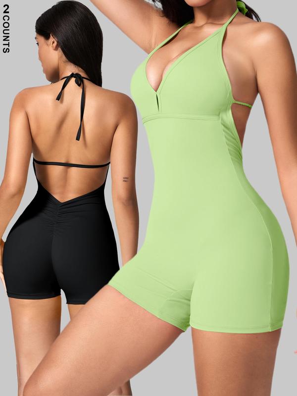 Women's Solid Cut Out Ruched Halter Sports Romper, Sporty Tie Back Sleeveless Romper for Yoga Gym Workout, Ladies Sportswear for All Seasons