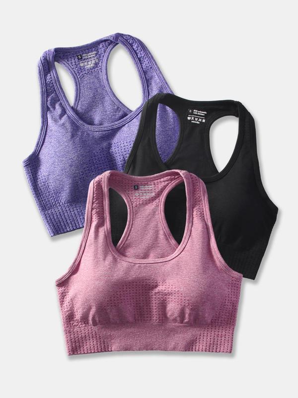 Women's 3pcs Solid Seamless Push Up Sports Bra, Quick Drying Breathable Comfy Crop Tank Top for Yoga Gym Running Workout, Ladies Sportswear & Underwear