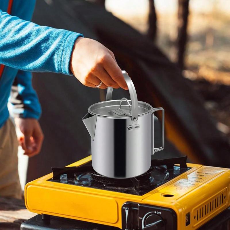 [HE appliances]  Camping Tea Kettle, Portable 1.2L Coffee Pot, Outdoors Camping Pot, With Handles And With Lids For Camping Hiking Picnic Camping, Backpacking, Silver