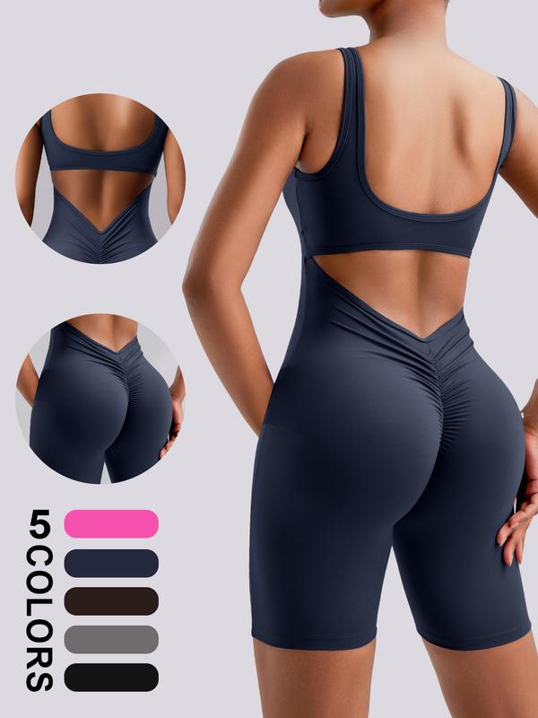 TIMEOFF Women's Ruched Cut Out Backless SportsRomper Sporty Clothes Women Solid SleevelessScoop Neck Bodycon Romper High StretchSeamless Yoga JumpsuitSummer RompersLadies Sportswear for Indoor Outdoor Wear