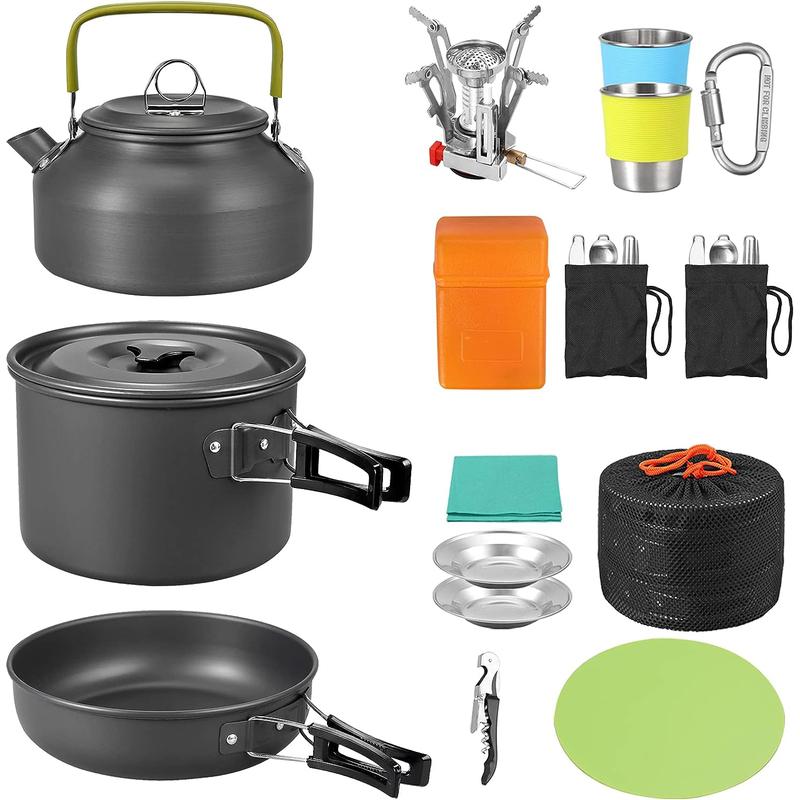 VinTeam 21pcs Camping Cookware Mess Kit with Folding Camping Stove, Lightweight Pot Pan Kettle Set with Stainless Steel Cups Plates Forks Knives Spoons for Camping Backpacking Outdoor Picnic Mother's Day Gift