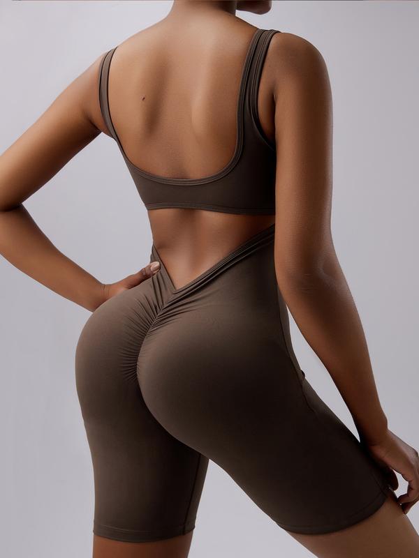 TIMEOFF Women's Ruched Cut Out Backless SportsRomper Sporty Clothes Women Solid SleevelessScoop Neck Bodycon Romper High StretchSeamless Yoga JumpsuitSummer RompersLadies Sportswear for Indoor Outdoor Wear