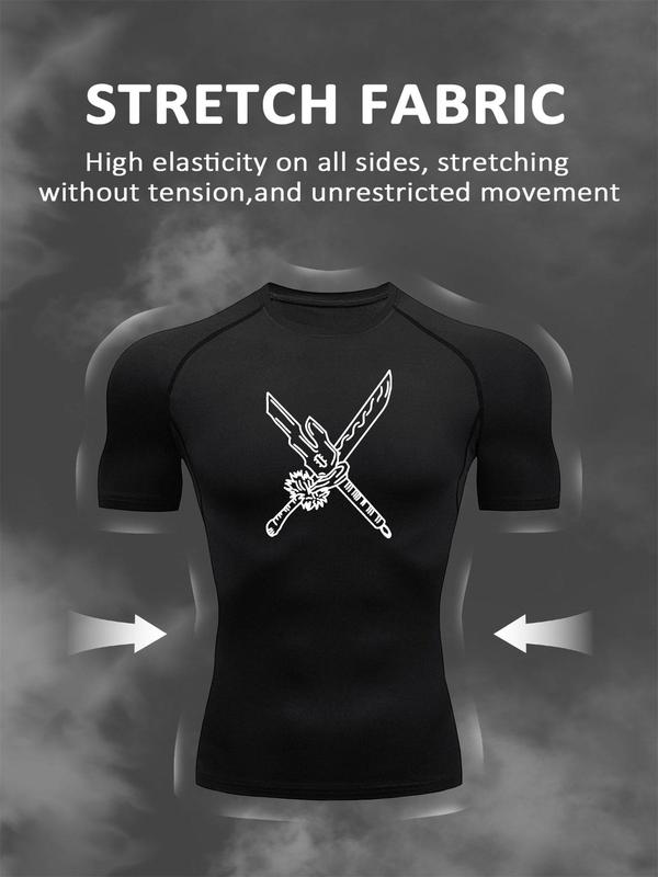 Men's Sword Graphic Print Round Neck Top Stitching High Elasticity Sports Tee, Quick Drying Breathable Crew Neck T-shirt for Gym Workout Running, Casual Sporty Top for Spring & Fall