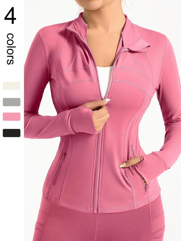 Women's Solid Zip Up Pocket Sports Jacket, Long Sleeve Stand Collar Outerwear for Yoga Gym Workout, Ladies Sportswear for All Seasons