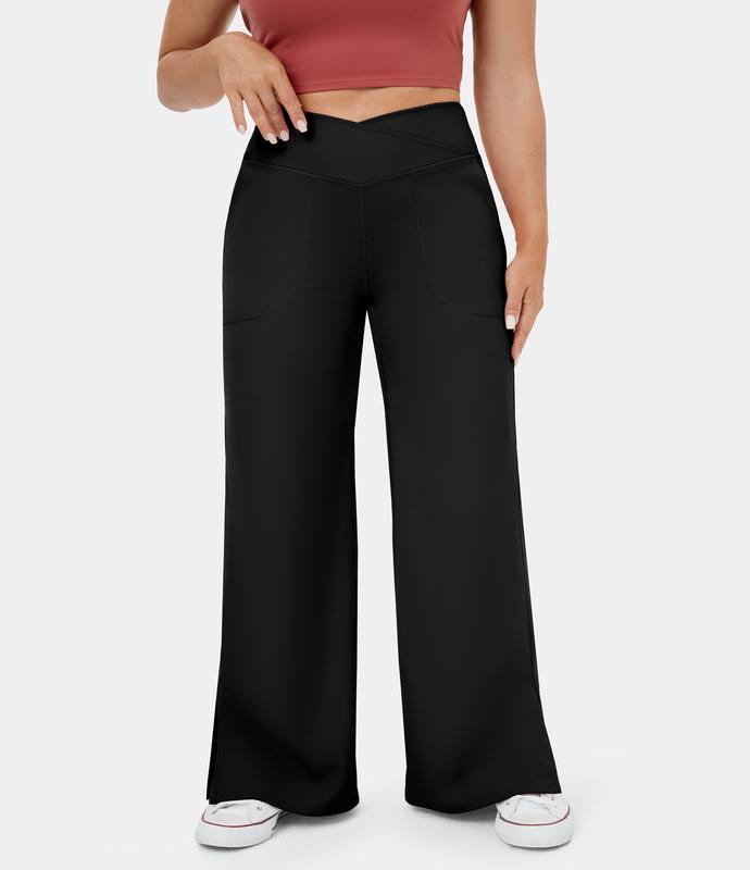 Halara Crossover Pocket Split Hem Plus Size Wide Leg Yoga Pants-Smile