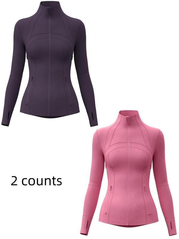 Women's Solid Zip Up Thumb Hole Sports Jacket, Breathable Long Sleeve Stand Collar Outerwear for Gym Workout Running, Ladies Sportswear for Fall & Winter