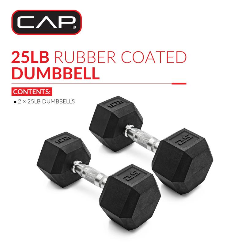 Barbell, 25lb Coated Rubber Hex Dumbbell, Pair