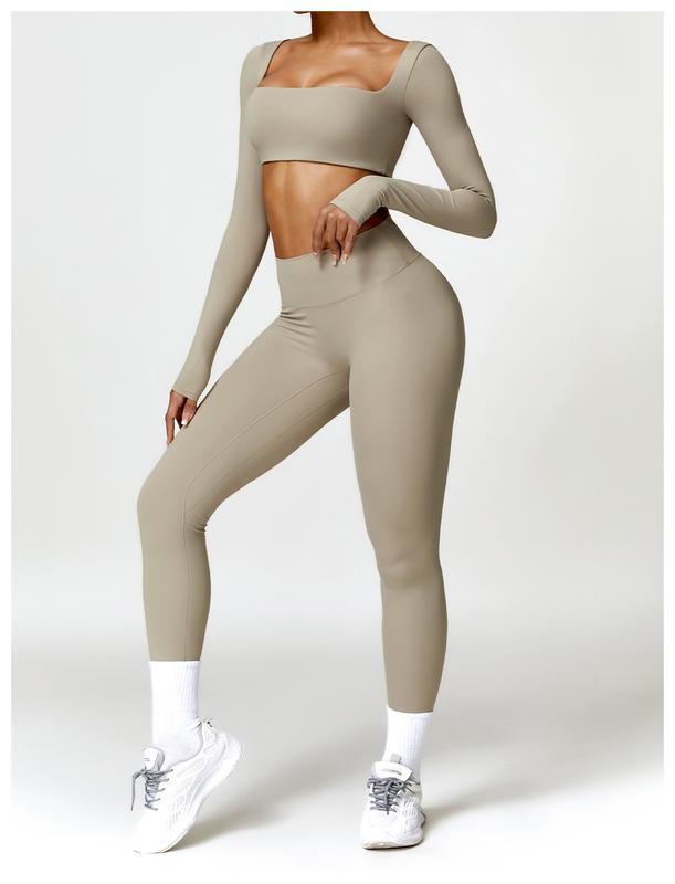 Women's 2 Piece Workout Set - Long Sleeve Square Neck Crop Top and High Waist Leggings for Yoga and Gym