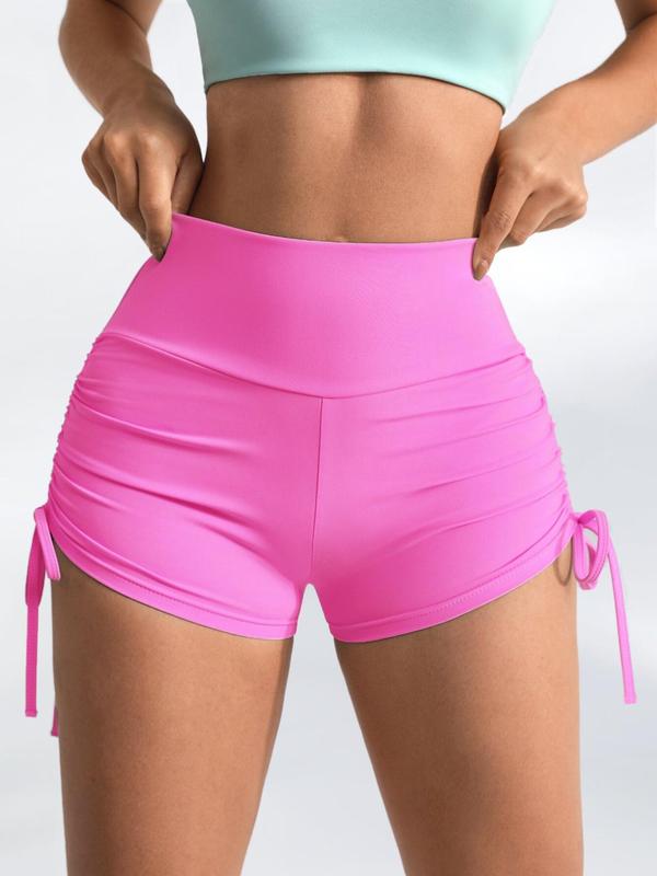 Women's Solid Ruched Drawstring Sports Shorts, Gym Shorts, Sporty Comfy Breathable High Waist Skinny Shorts, Ladies Summer Sportswear for Yoga Gym Workout Running