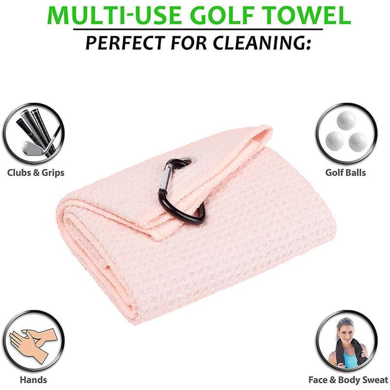 Golf Towels, Microfiber Waffle Pattern Tri-fold Golf Towel - Brush Tool Kit with Club Groove Cleaner, with Clip Men Women Golf Gifts (Pink Towel+Black Brush)