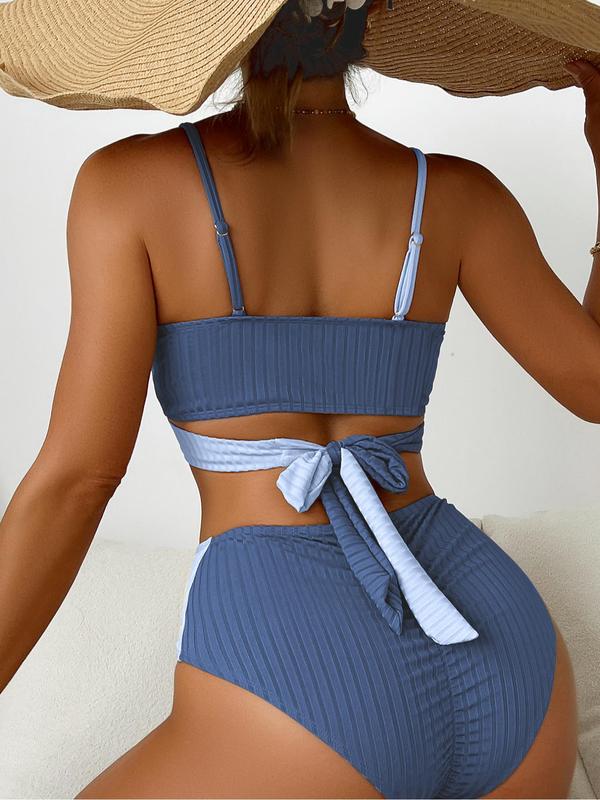 Two-Piece Set Women's Colorblock Patchwork Criss Cross Bikinis Set, Casual Knot Design Swim Top & High Waist Swim Bottom, Ladies Summer Swimwear