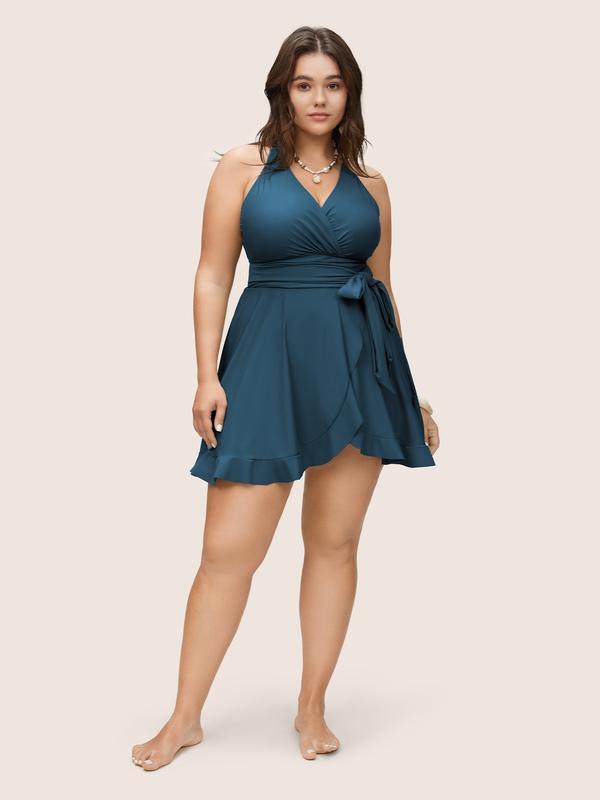 BloomChic Plain Ties Wrap Flutters Swim Dress