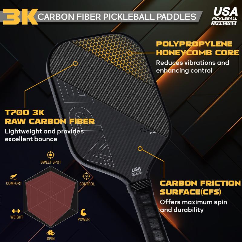 Pickleball Paddles, Raw Carbon Fiber Pickleball Paddle with a 16mm Polymer Core, Black Pickleball Rackets for Ultimate Spin & Consistency carbon fiber