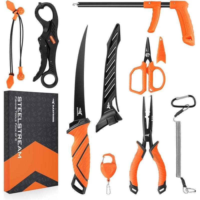 SteelStream 8pc Fishing Tool Kit - Fishing Pliers with Lanyard, Fillet Knife, Floating Fish Lip Gripper, Fishing Braid Scissors, Tool Retractor, Fishing Hook Remover, Bungee Cords