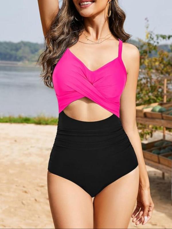 Women's Colorblock Print Criss Cross Cut Out Ruched One-Piece Cami Swimsuit, Casual Chic Sweetheart Neck Tie Back Sleeveless Swimwear, Ladies Summer Swimsuit for Beach Holiday Vacation