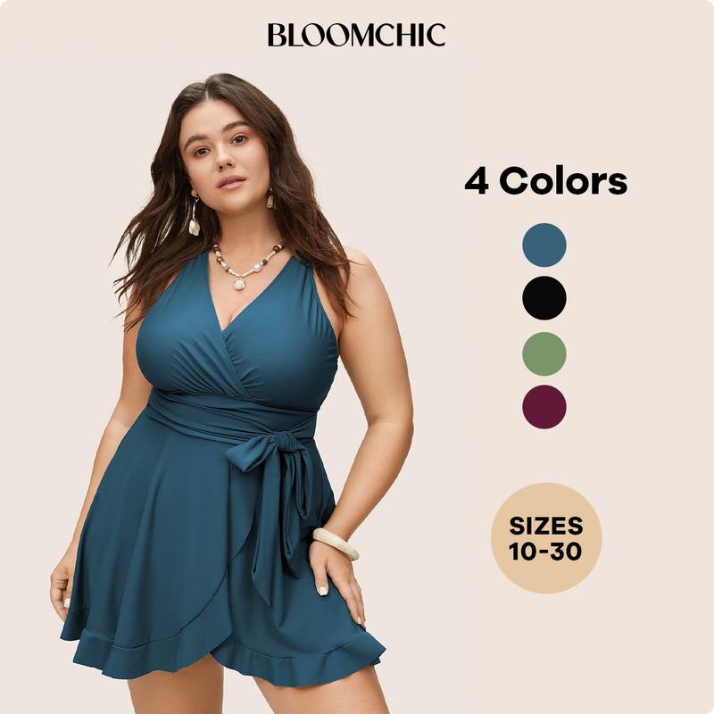 BloomChic Plain Ties Wrap Flutters Swim Dress