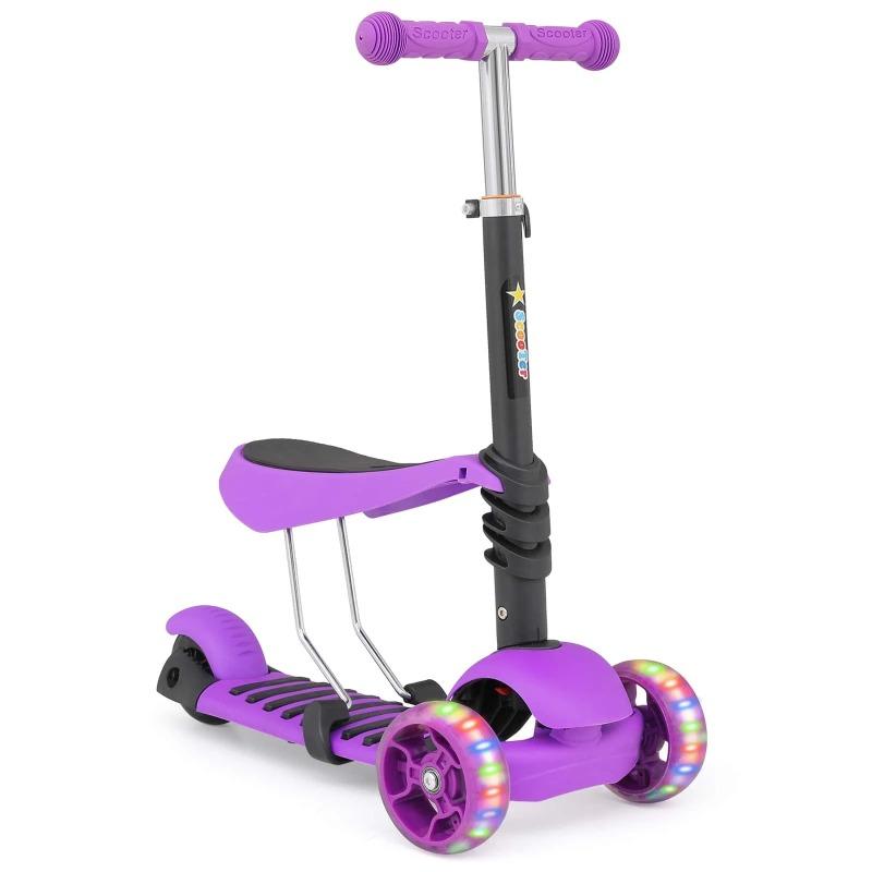 Scooter  Kick Scooter With Removable Seat, Adjustable Height, LED Flashing Wheels Scooter With Ladybug Basket For Old Boys Girls, Purple