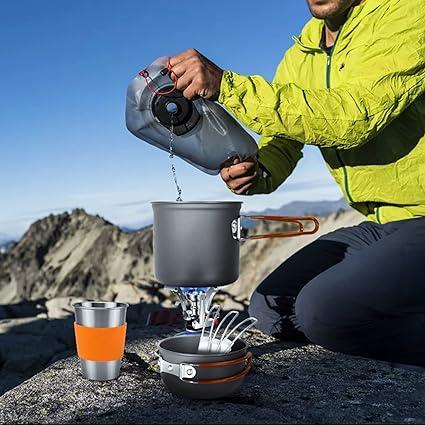 Odoland Camping Cookware Stove Carabiner Canister Stand Tripod and Stainless Steel Cup, Tank Bracket, Fork Spoon Kit for Backpacking, Outdoor Camping Hiking and Picnic