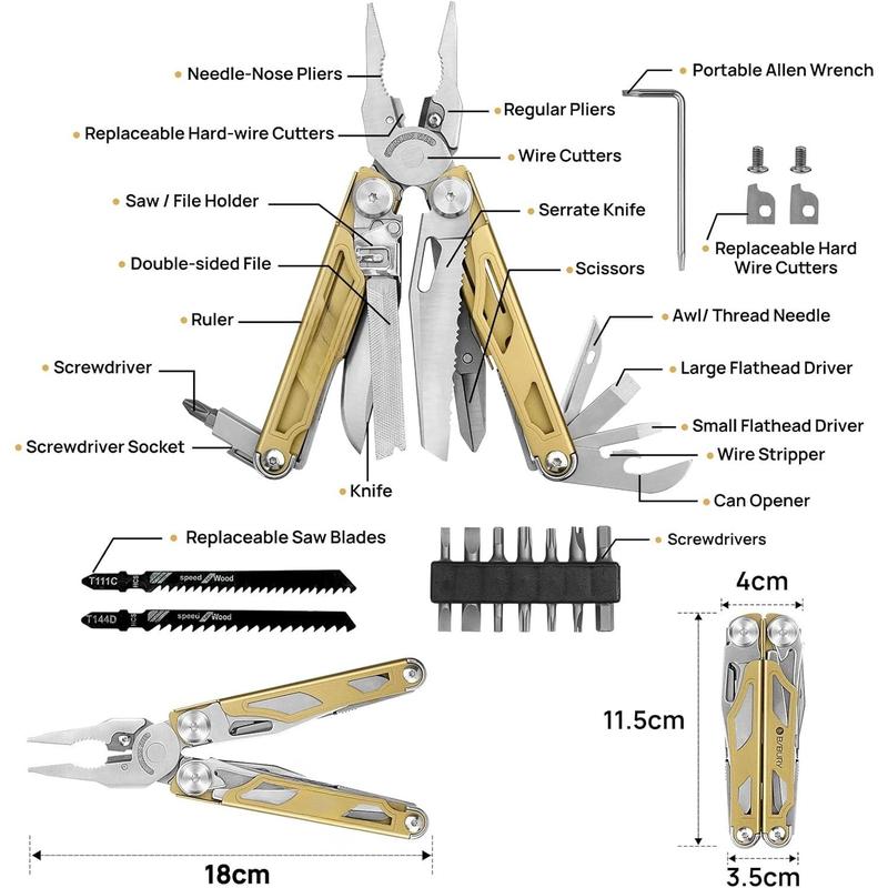 Multitool Pliers, 31-in-1 Stainless Steel Multi Tool with Replaceable Wire Cutters and Saw, Foldable Heavy-duty Multitool Set with Scissors and Screwdriver for Hiking Camping Survival Repair