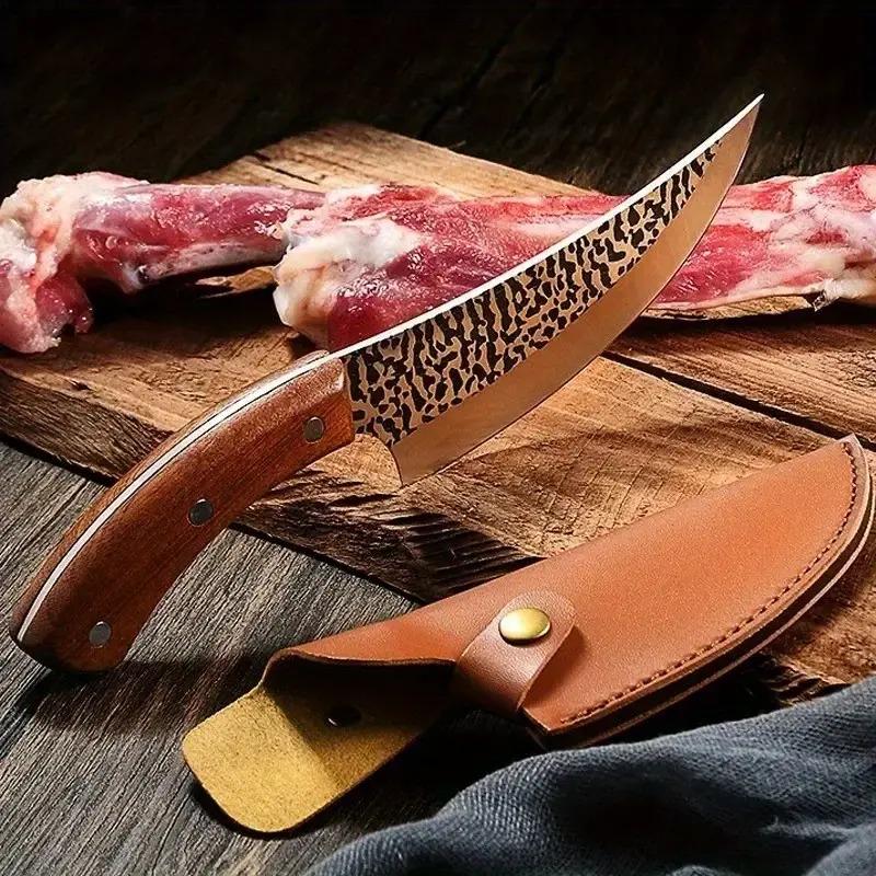 Outdoor Camping Hiking Knife, Stainless Steel Bone Planer Knife, Handheld Knife with Leather Case, Kitchenware for Outdoor Camping Hiking