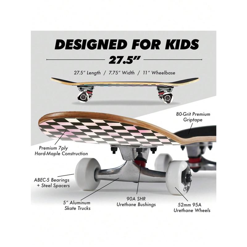 Complete Skateboard | Maple Wood | ABEC 5 Bearings | Double Kick Concave Deck | Kids Skateboard Cruiser Skateboard | Skateboards For Beginners, Teens & Adults (Free Stickers Included)