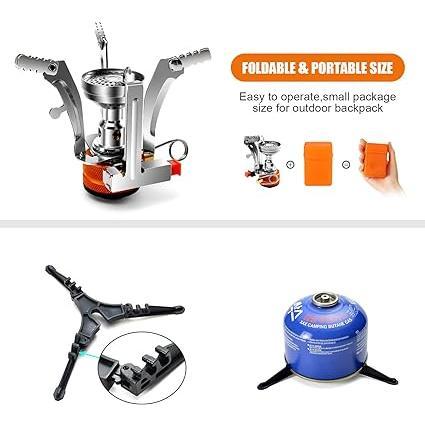 Odoland Camping Cookware Stove Carabiner Canister Stand Tripod and Stainless Steel Cup, Tank Bracket, Fork Spoon Kit for Backpacking, Outdoor Camping Hiking and Picnic