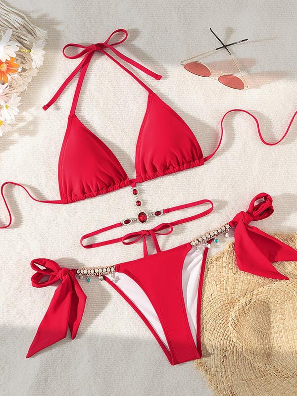 Women's Halter Tie Back Triangle Bra & Ring Linked Bow Decor Panty Bikini Set,  Bathing Suits, Swimsuit for Women, Bathing Suits Women, Summer Sets, Back To School Bikini Sets, Ladies Rave Outfits