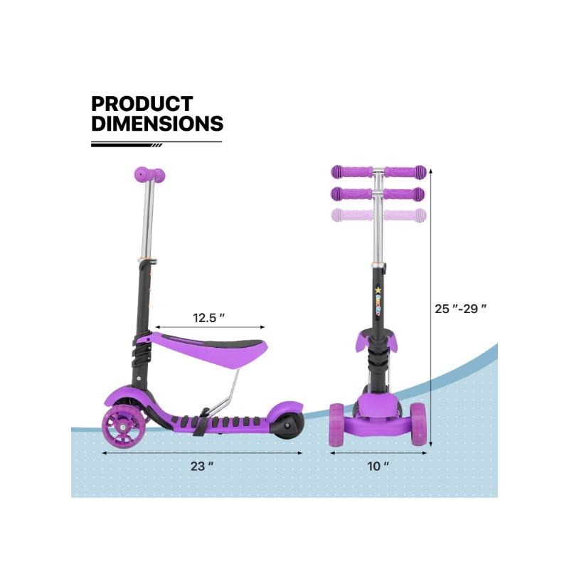 Scooter  Kick Scooter With Removable Seat, Adjustable Height, LED Flashing Wheels Scooter With Ladybug Basket For Old Boys Girls, Purple