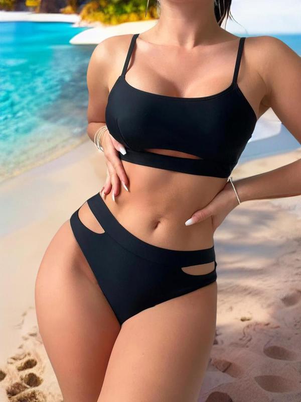 Women's Sexy Fashion Cut Out Bikini Set, Summer Outfits 2024, Adjustable Strap Wireless Swim Top & High Stretch High Cut Swim Bottom, Swimsuit for Women, Ladies Swimwear for Summer Beach