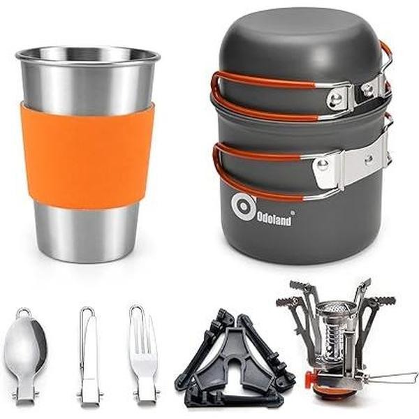 Odoland Camping Cookware Stove Carabiner Canister Stand Tripod and Stainless Steel Cup, Tank Bracket, Fork Spoon Kit for Backpacking, Outdoor Camping Hiking and Picnic