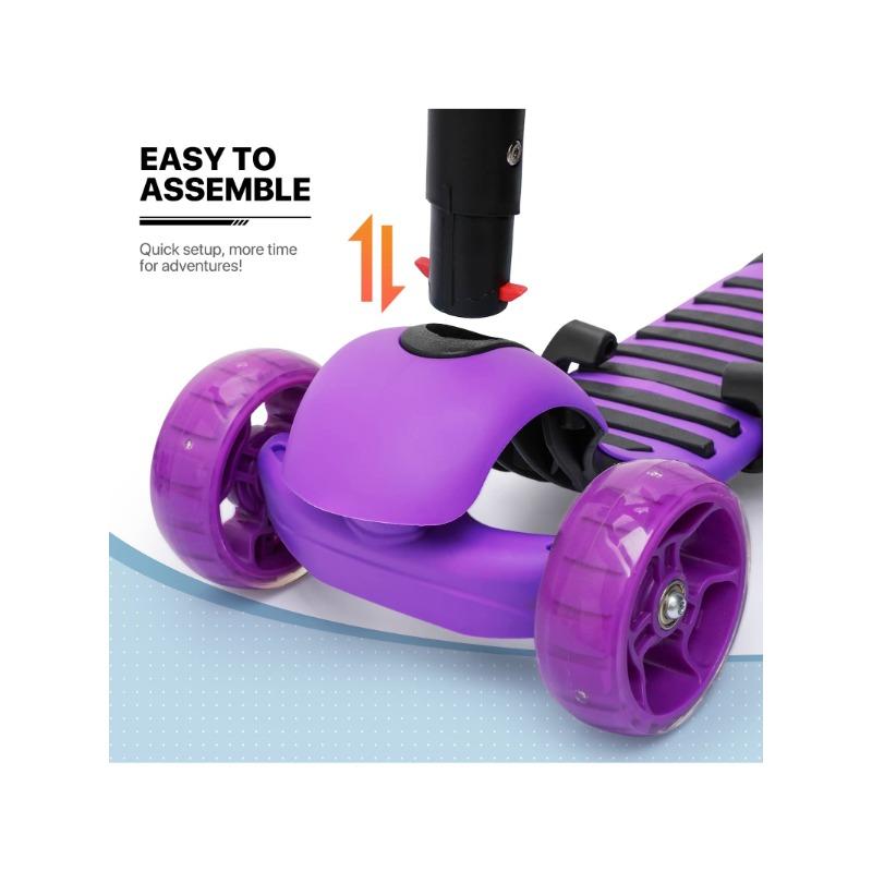 Scooter  Kick Scooter With Removable Seat, Adjustable Height, LED Flashing Wheels Scooter With Ladybug Basket For Old Boys Girls, Purple