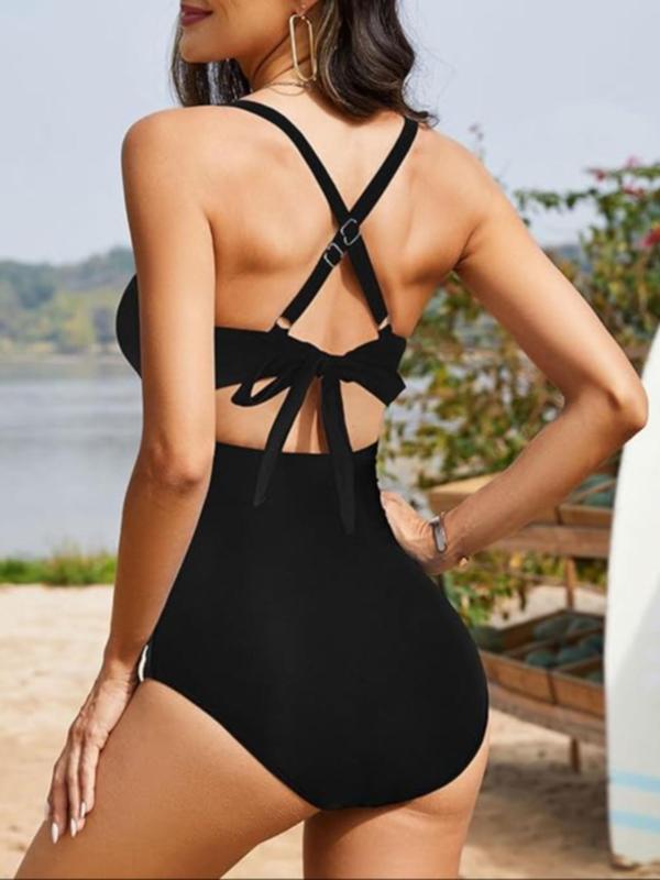 Women's Colorblock Print Criss Cross Cut Out Ruched One-Piece Cami Swimsuit, Casual Chic Sweetheart Neck Tie Back Sleeveless Swimwear, Ladies Summer Swimsuit for Beach Holiday Vacation