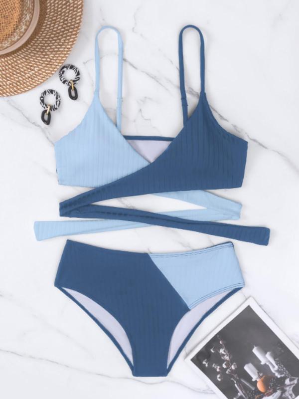 Two-Piece Set Women's Colorblock Patchwork Criss Cross Bikinis Set, Casual Knot Design Swim Top & High Waist Swim Bottom, Ladies Summer Swimwear