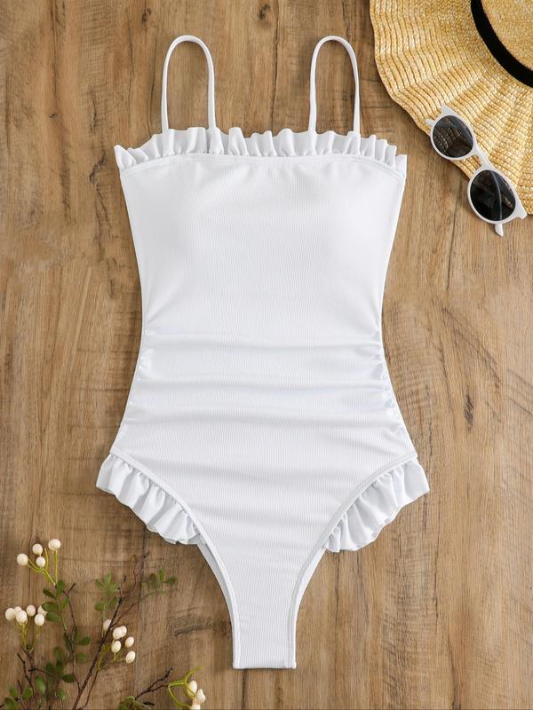 Women's Solid Color Ruffle Trim Cami One-Piece Swimsuit, Casual Thong Design Sleeveless Spaghetti Strap Swimwear for Summer, Fashion Women's Swimsuit for Beach Holiday Vacation