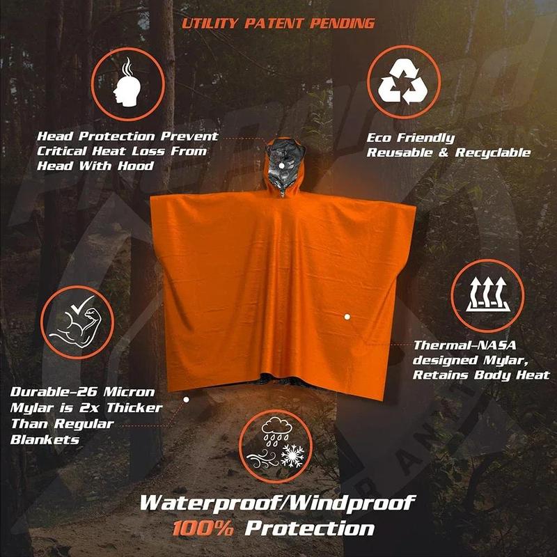 Emergency Survival Rain Poncho, Thermal Survival Space Blanket, Heat Reflective Waterproof Raincoat for Camping Hiking