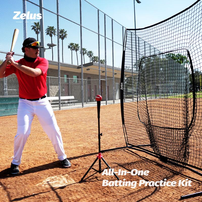 ZELUS 7x7ft Baseball Net | Baseball Softball Practice Net with Tee, Baseballs and Carry Bag for Batting Hitting and Pitching