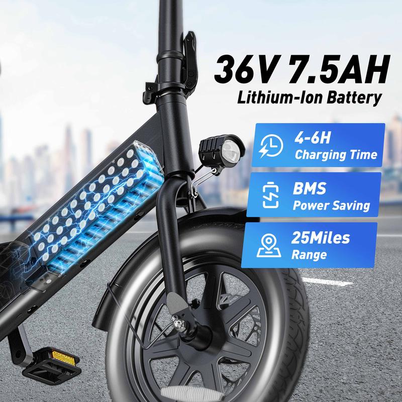 DYU e-Bike 14-inch adult folding, 30+ miles, top speed 25 km h e-bike, 36V7.5Ah high energy battery, front and rear disc brake design LED display portable e-scooter, can carry 2-person e-bike