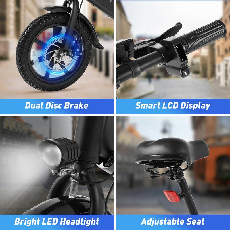 DYU e-Bike 14-inch adult folding, 30+ miles, top speed 25 km h e-bike, 36V7.5Ah high energy battery, front and rear disc brake design LED display portable e-scooter, can carry 2-person e-bike