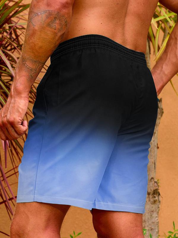 Men Swim Trunks, Men's Regular Fit 2 in 1 Ombre Print Drawstring Waist Beach Shorts, Gym Shorts, Casual Pocket Swim Shorts for Summer, Shorts for Men, Fashion Men's Swimwear for Beach Vacation