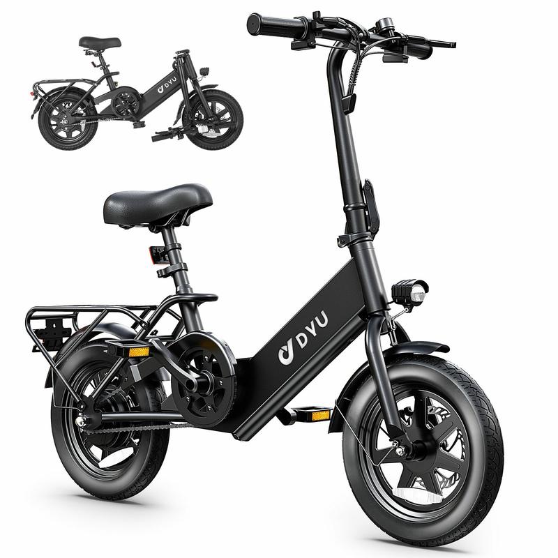 DYU e-Bike 14-inch adult folding, 30+ miles, top speed 25 km h e-bike, 36V7.5Ah high energy battery, front and rear disc brake design LED display portable e-scooter, can carry 2-person e-bike