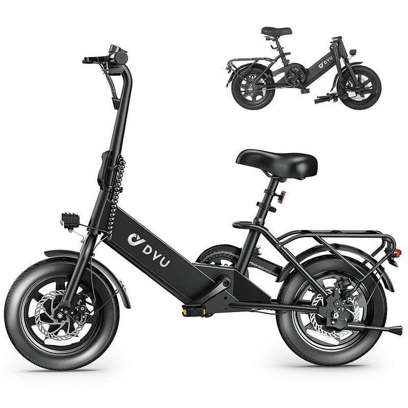 DYU e-Bike 14-inch adult folding, 30+ miles, top speed 25 km h e-bike, 36V7.5Ah high energy battery, front and rear disc brake design LED display portable e-scooter, can carry 2-person e-bike